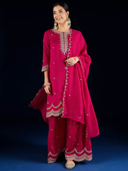 Varanga - Fuchsia Pink Straight-Fit Embroidered Kurta with Palazzo and Dupatta