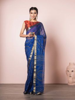 EXCLUSIVA - Blue Blended Chiffon Bandhani Print Saree with Unstitched Blouse