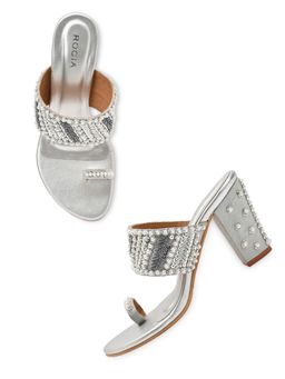 ROCIA - By Regal Silver Women Hand Embroidered Block Heel Sandals