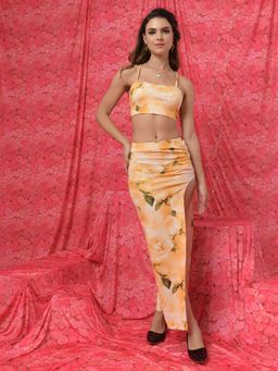 Tandul - Exquisite Yellow Floral Printed Top with Skirt