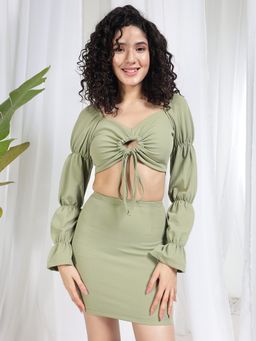 Tandul - Women Green Keyhole Neck Full Sleeve Solid Top with Skirt