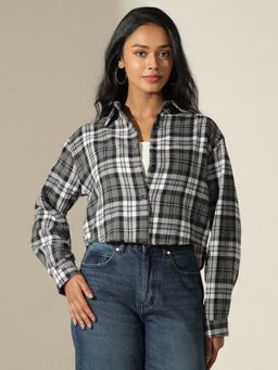 SHOWOFF - Women Checked Black Relaxed Fit Casual Shirt with Inner Tank Top