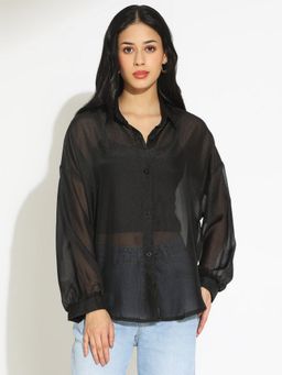 SHOWOFF - Women Black Relaxed Fit Sheer Shirt