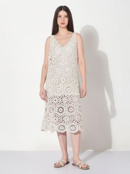 SHOWOFF - Edition Women Cream A-Line Crochet Midi Dress