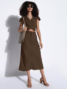 SHOWOFF - Edition Women Brown Asymmetric Denim Crop Shirt and Cargo Skirt