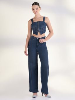 SHOWOFF - Edition Women Navy Blue Denim Belted Co-Ord Set