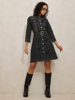 SHOWOFF - Women Charcoal Denim Belted Knee Length Shirt Dress