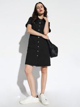 SHOWOFF - Women Black Denim Short Sleeve Knee Length Shirt Dress