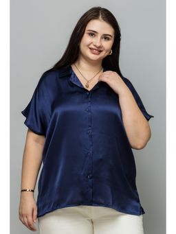 PURYS PLUS - Women Navy Blue Short Sleeves Satin Shirt