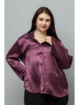 PURYS PLUS - Women Wine Flared Sleeves Casual Satin Shirt