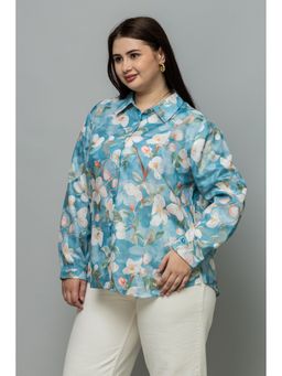 PURYS PLUS - Women Floral Print Aqua Blue Full Sleeves Casual Shirt