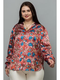 PURYS PLUS - Women Geometric Print Red Band Collar Full Sleeves Casual Satin Shirt