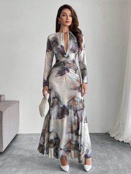 Tandul - Elegant Grey Marbel Printed Long Maxi Dress