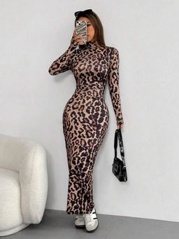 Tandul - Elegant Brown Animal Printed Bodycon Maxi Dress