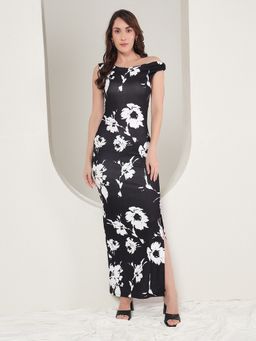 Tandul - Elegant Black Floral Printed Bodycon Maxi Dress