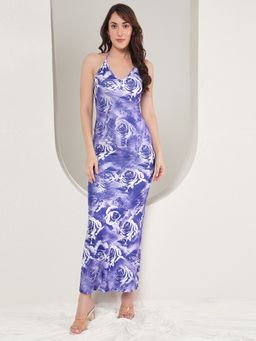 Tandul - Elegant Blue Floral Printed Bodycon Maxi Dress