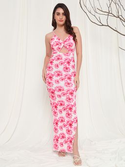 Tandul - Elegant Pink Floral Printed Bodycon Maxi Dress