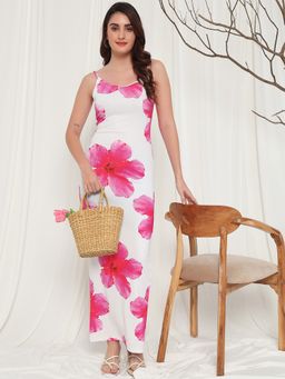 Tandul - Elegant White and Pink Floral Bodycon Maxi Dress