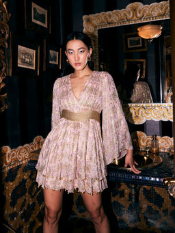 KANGANA TREHAN - Pink Printed Dress with Rope Belt & Stone Embellishments (Set of 2)