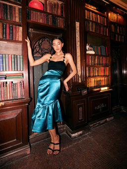 KANGANA TREHAN - Teal Satin Cocktail Dress with Bead Straps