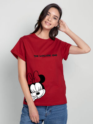 Bewakoof Official Disney Women's Red Sarcastic One (DL) Boyfriend Graphic Printed T-shirt