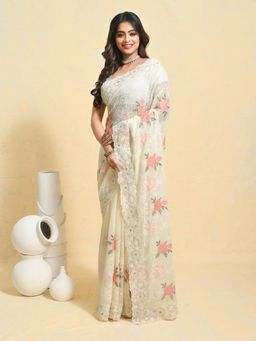 Gahan - White Georgette Saree With Unstitched Blouse