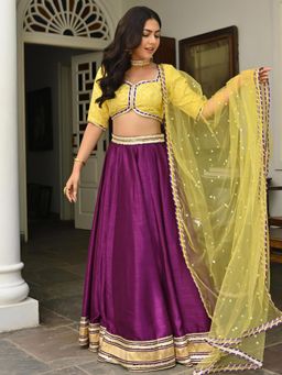 Lavanya The Label - Yellow & Purple Silk Lehenga (Set of 3)