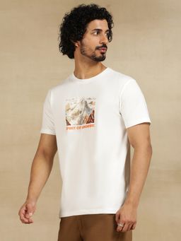 JadeBlue - White Cotton Stretch T-Shirt - Printed Slim Fit Round Neck