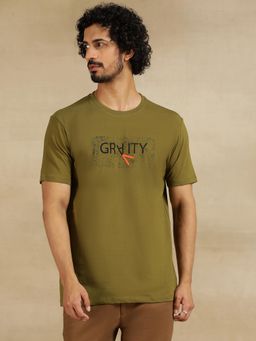 JadeBlue - Olive Green Cotton Stretch T-Shirt - Printed Slim Fit Round Neck