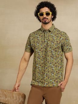 JadeBlue - Olive Green Cotton Pique Polo T-Shirt - Printed Slim Fit Polo