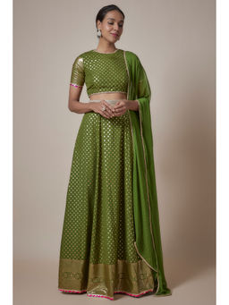 PHATAKAA - Green Mogra Microfoil Lehenga With Blouse and Dupatta (Set of 3)