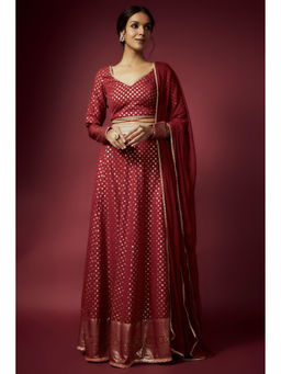 PHATAKAA - Maroon Mogra Microfoil Lehenga with Blouse and Dupatta (Set of 3)