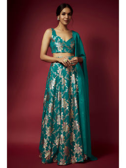 PHATAKAA - Teal Vark Lehenga Sleeveless with Blouse and Dupatta (Set of 3)
