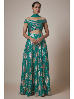 PHATAKAA - Green Vark Off Shoulder Lehenga with Blouse and Dupatta (Set of 3)