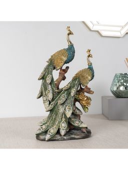 HomeTown - Miraya Decorative Peacocks, Polyresin Hand Finished Figurine Green & Gold