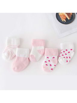 MumsLap - White & Pink Soft Breathable Cotton Terry Socks For Boys & Girls (Pack of 5)