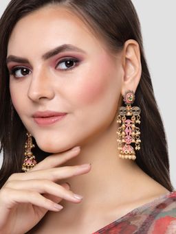 Karatcart - Antique Gold Plated Pink Kundan Drop Earrings for Women