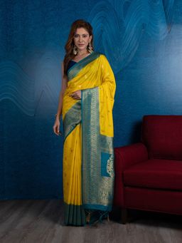 Beatitude - Yellow Green Woven Design Zari Silk Blend Banarasi Saree with Unstitched Blouse