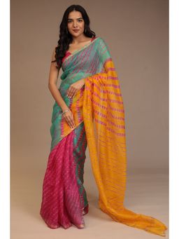 Zari Jaipur - Multi-Color Silk Saree with Print and Lehriya Textures with Unstitched Blouse