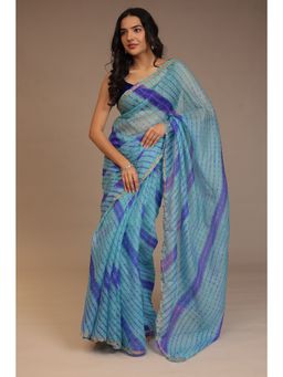 Zari Jaipur - Blue Silk Saree with Print and Lehriya Textures with Unstitched Blouse