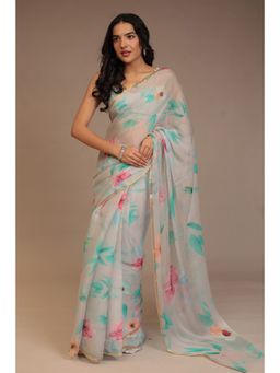 Zari Jaipur - Grey Silk Saree with Prints with Unstitched Blouse
