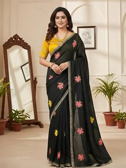Elora - Black Star Georgette Floral Embroidered Saree with Mirror Work Border & Unstitched Blouse