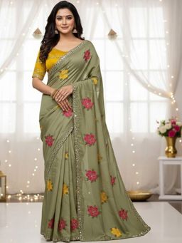 Elora - Sage Green Star Georgette Floral Embroidered Saree with Mirror Work Border & Unstitched Blouse