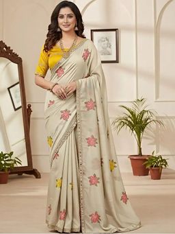 Elora - Off White Star Georgette Floral Embroidered Saree with Mirror Work Border & Unstitched Blouse