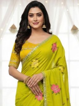 Elora - Lime Green Star Georgette Floral Embroidered Saree with Mirror Work Border & Unstitched Blouse