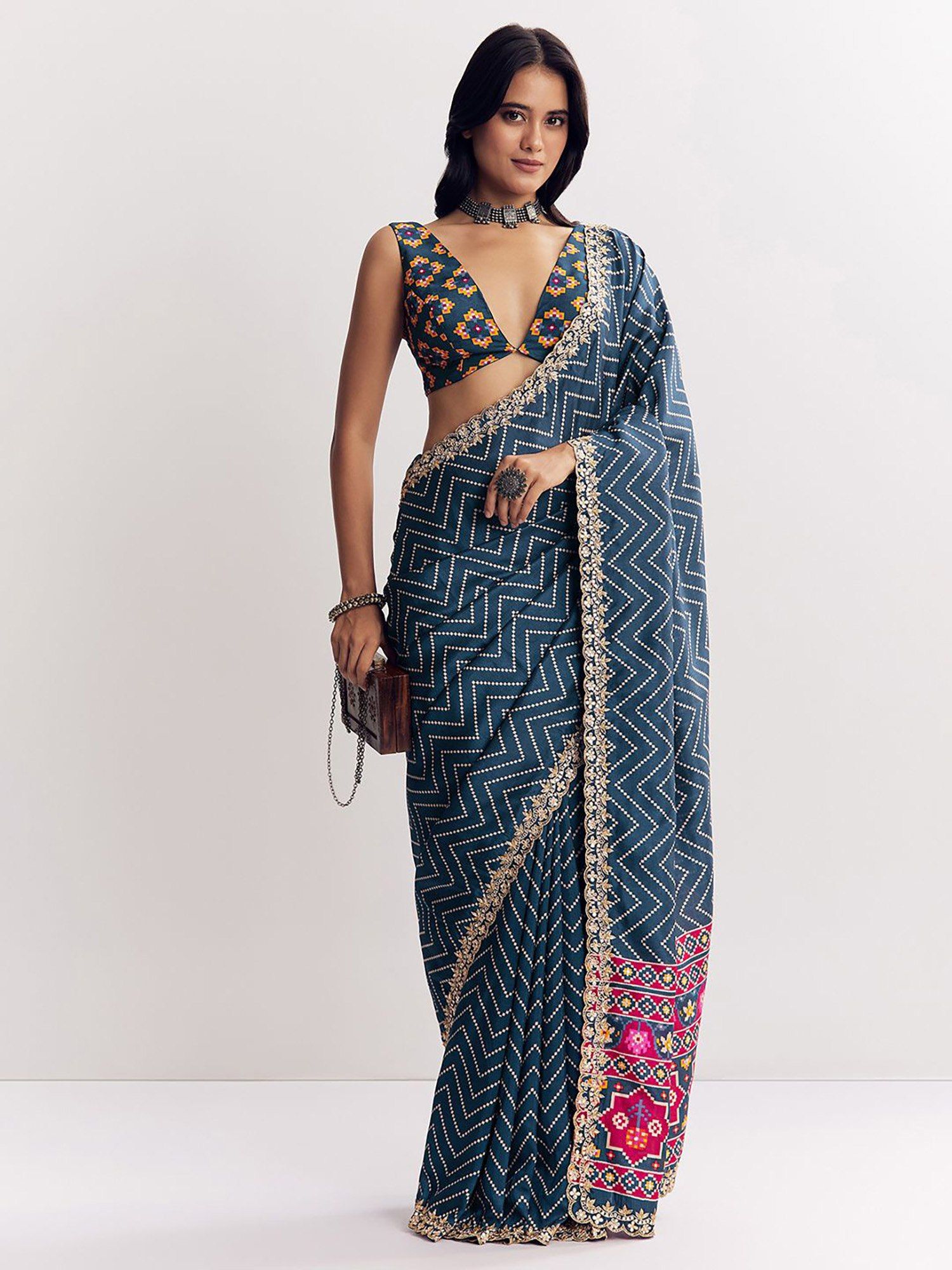 Blue Manipuri Zigzag Pattern Leheriya Printed Saree with Embroidery Lace & Unstitched Blouse-image-9