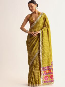 Elora - Mehendi Green Manipuri Zigzag Leheriya Printed Saree with Embroidery Lace & Unstitched Blouse