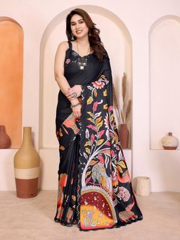 Elora - Black Manipuri Kalamkari Digital Print Saree with Mirror Work Border with Unstitched Blouse