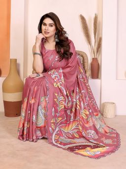 Elora - Pink Manipuri Kalamkari Digital Print Saree with Mirror Work Border with Unstitched Blouse