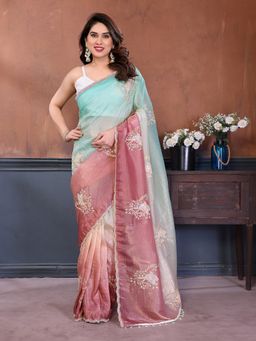 Elora - Wine and Bit Gold Crush Floral Motifs Embroidery Saree with Unstitched Blouse